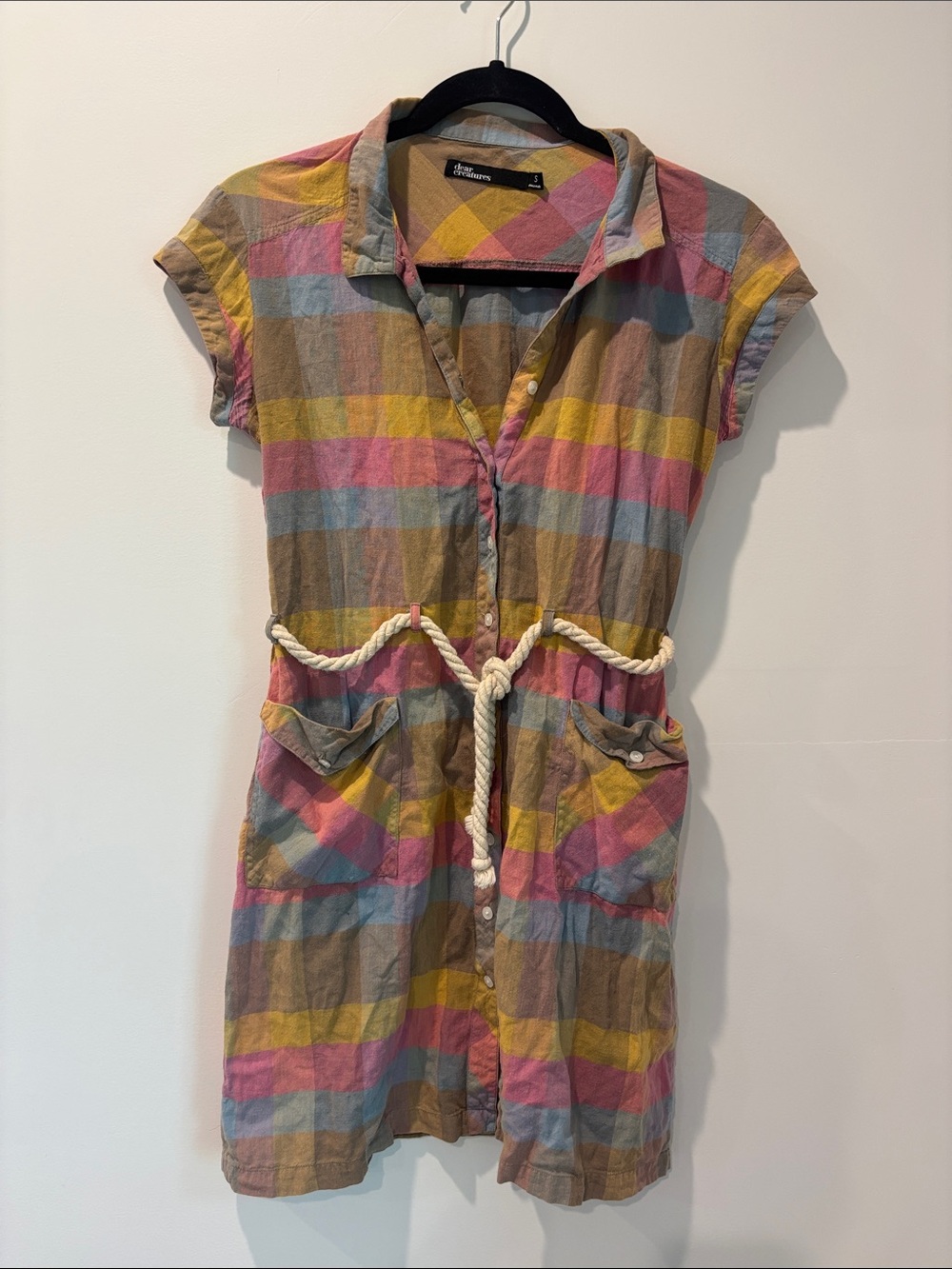 Dear Creatures Button-Front Plaid Shirt Dress with Rope Belt - Multicolor